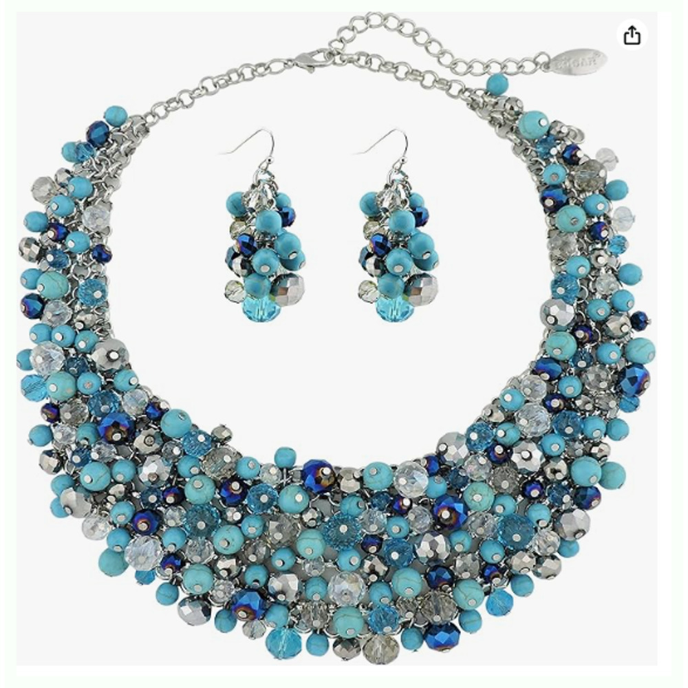 NEW  Blue Turquoise Necklace Set Rhinestones Beaded Collar  Drop Earrings  Fancy